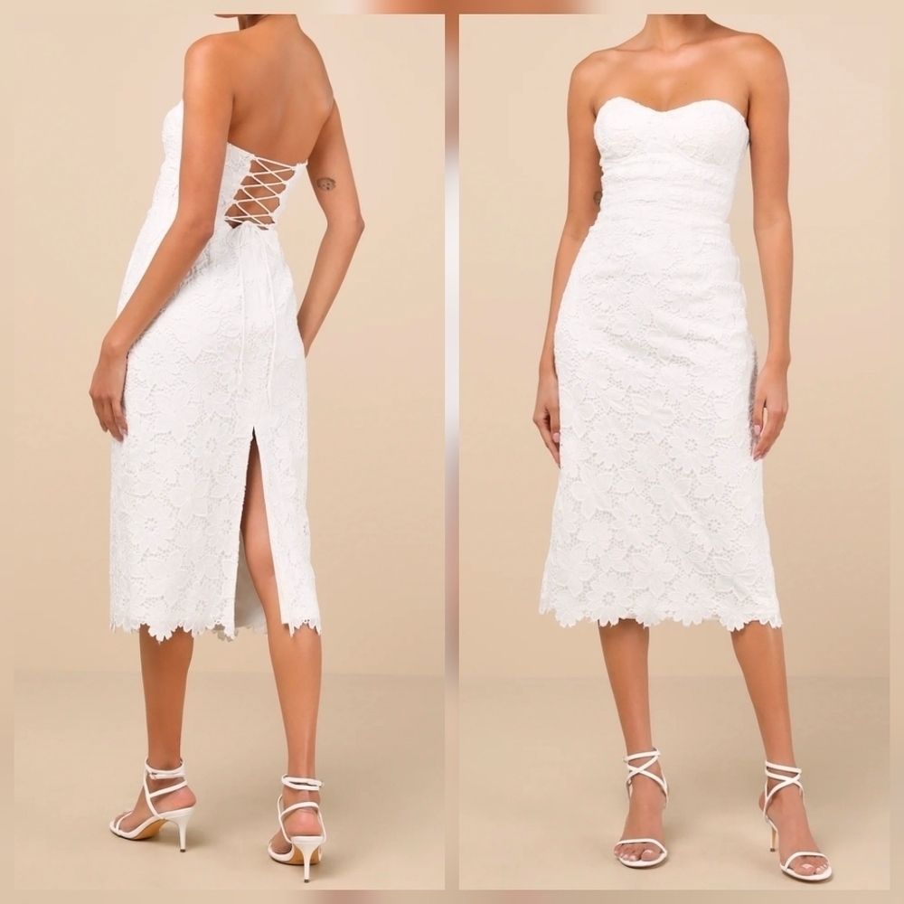 Lulus Aramis White Embroidered Lace Strapless Bustier Midi Dress, Size Small
